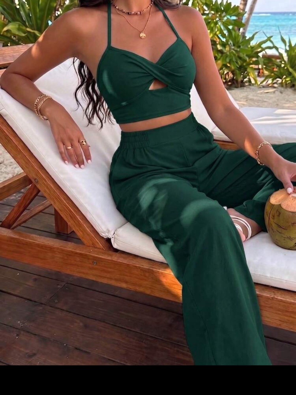 Dark Green High-Waist Wide-Leg matching set — Women Pants & Jumpsuits